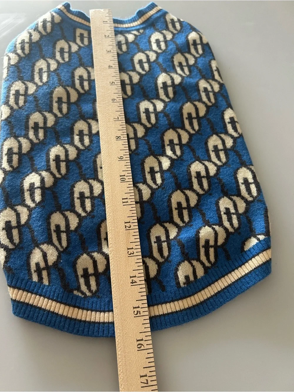 NWT On The Roll Luxury Monogram Dog Cardigan Sweater - Blue/Cream - Size Large